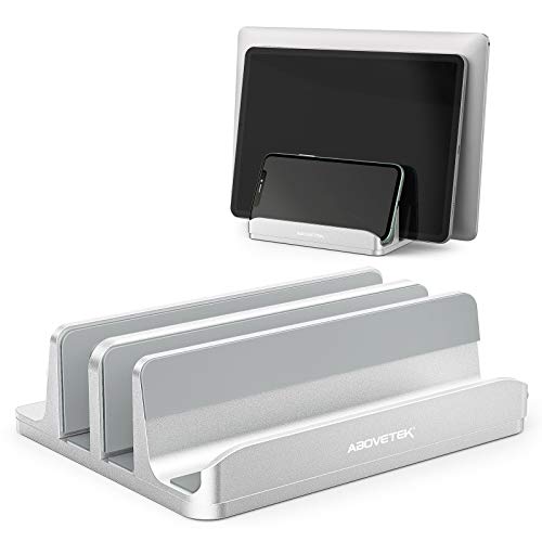 AboveTEK Vertical Laptop Stand 3 Slots for Computer, Tablet, Phone - Fits All Laptop Models (up to 17.3") - Heavy Duty Polished Aluminum Desktop Holder - Anti Slide Silicone Grips - Silver