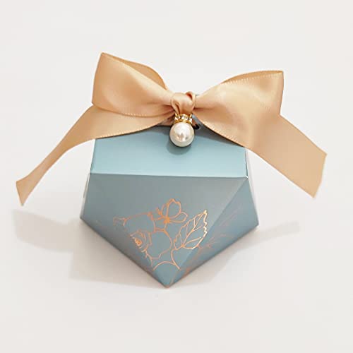 Awcmtpsyol Gift Box Diamond Shape Wedding Favors Decoration Baby Shower Birthday Party Chocolate Packing Candy Boxes for Guests with Ribbon and Pearl (blue box with gold ribbon)