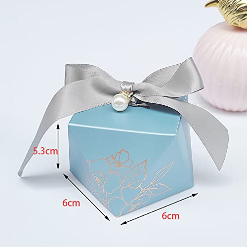 Awcmtpsyol Gift Box Diamond Shape Wedding Favors Decoration Baby Shower Birthday Party Chocolate Packing Candy Boxes for Guests with Ribbon and Pearl (blue box with gold ribbon)