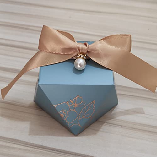 Awcmtpsyol Gift Box Diamond Shape Wedding Favors Decoration Baby Shower Birthday Party Chocolate Packing Candy Boxes for Guests with Ribbon and Pearl (blue box with gold ribbon)