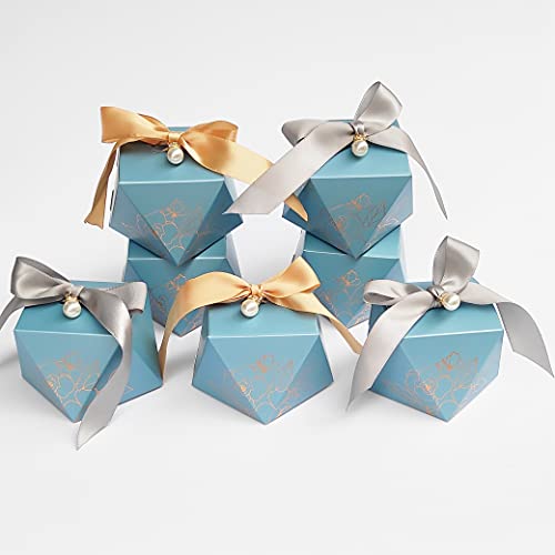 Awcmtpsyol Gift Box Diamond Shape Wedding Favors Decoration Baby Shower Birthday Party Chocolate Packing Candy Boxes for Guests with Ribbon and Pearl (blue box with gold ribbon)