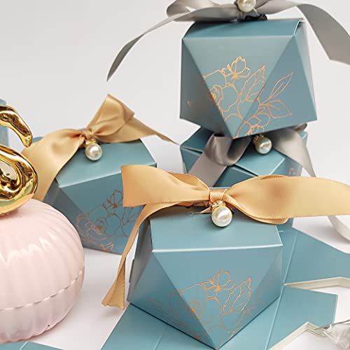 Awcmtpsyol Gift Box Diamond Shape Wedding Favors Decoration Baby Shower Birthday Party Chocolate Packing Candy Boxes for Guests with Ribbon and Pearl (blue box with gold ribbon)