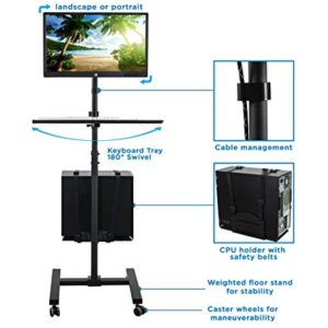 Mount-It! Rolling Computer Cart, Mobile Workstation with Tray Monitor Mount and CPU Holder, Height Adjustable and Mobile Stand for Office and Industrial Use