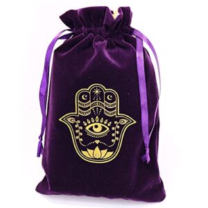 ARTSY CRAFTS 6x9" Hamsa Hand Purple Velvet Jewelry Pouch Gift Bags, Fatima Hand Evil Eye Velvet Drawstring Bags, Tarot Rune bag, Dice Bag, Travel Bags (Eggplant Purple)