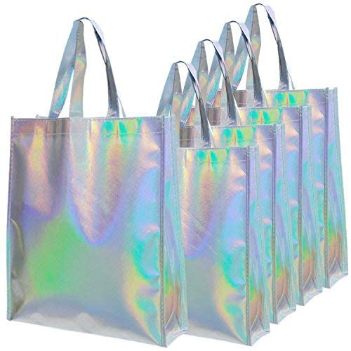 Gesodant Bling Bling Glossy Durable Reusable Medium Non-woven Gift Bag Set Of 5,Shopping Bag,Promotional Bag, Silvery (17.3"X12.6"X4")