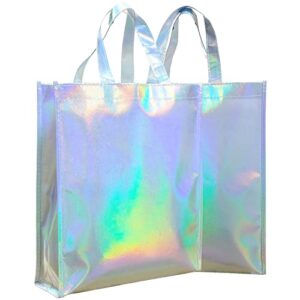 Gesodant Bling Bling Glossy Durable Reusable Medium Non-woven Gift Bag Set Of 5,Shopping Bag,Promotional Bag, Silvery (17.3"X12.6"X4")