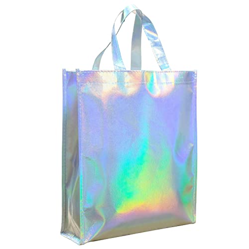 Gesodant Bling Bling Glossy Durable Reusable Medium Non-woven Gift Bag Set Of 5,Shopping Bag,Promotional Bag, Silvery (17.3"X12.6"X4")