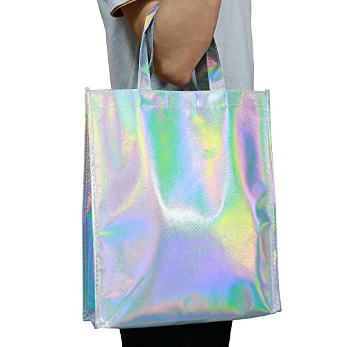 Gesodant Bling Bling Glossy Durable Reusable Medium Non-woven Gift Bag Set Of 5,Shopping Bag,Promotional Bag, Silvery (17.3"X12.6"X4")