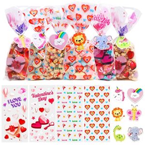 jqaqju 100pcs valentines treat bags with valentine cards for kids, valentines day cellophane gift bags for goodie candy class party favors with 30 gift tags & 100 pcs twist ties