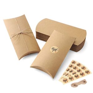 Eupako 6.3x3.7x1 Kraft Pillow Boxes 50 Pack Large Pillow Gift Box Brown Paper Candy Favor Boxes with Twines for Wedding Party