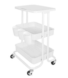 3 tier rolling storage cart with table top & hanging cups utility organizer cart for kitchen bathroom classroom, white