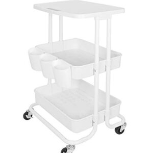3 Tier Rolling Storage Cart with Table Top & Hanging Cups Utility Organizer Cart for Kitchen Bathroom Classroom, White