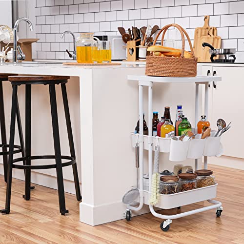 3 Tier Rolling Storage Cart with Table Top & Hanging Cups Utility Organizer Cart for Kitchen Bathroom Classroom, White