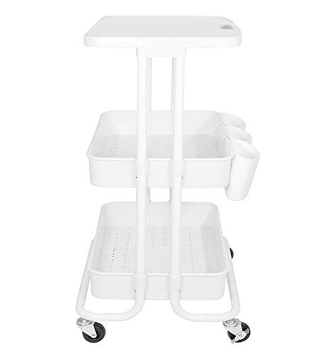 3 Tier Rolling Storage Cart with Table Top & Hanging Cups Utility Organizer Cart for Kitchen Bathroom Classroom, White