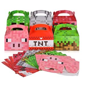 Gatherfun Miner Pixel Style Treat Boxes 24 Pieces Candy Gable Boxes Goodies Boxes Cardboard Present Boxes with Handles for Pixel Birthday Game Party Favors, 6 x 3.5 x 3.5 Inches, 6 Designs