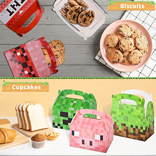 Gatherfun Miner Pixel Style Treat Boxes 24 Pieces Candy Gable Boxes Goodies Boxes Cardboard Present Boxes with Handles for Pixel Birthday Game Party Favors, 6 x 3.5 x 3.5 Inches, 6 Designs