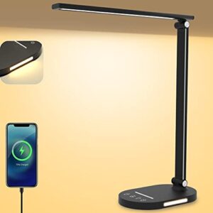 aqingling led desk lamp with ​usb charging port nightlight, eye-caring desk lights for home office, 5 modes dimmable, auto timer, black