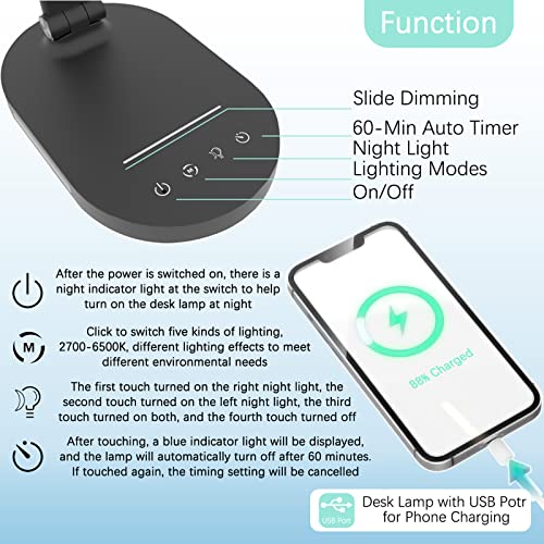 AQINGLING LED Desk Lamp with ​USB Charging Port Nightlight, Eye-Caring Desk Lights for Home Office, 5 Modes Dimmable, Auto Timer, Black