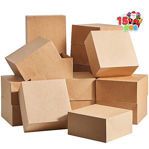 JOYIN 15 PCS Kraft Gift Box 8’’x8’’x4’’, Brown Cardboard Square Boxes, Gift Wrap for Christmas Holiday, Festive Xmas Wrapping Cupcake DIY Boxes