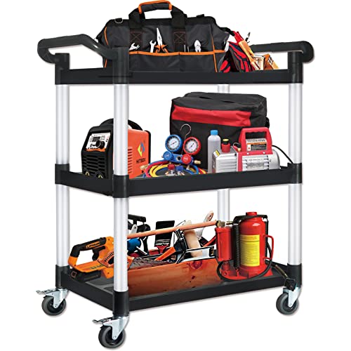 ANRYAGF Utility Carts with Wheels Rolling Cart Food Service Cart Commercial Office Warehouse Heavy Duty Cart 500 LBs Capacity, Lockable Wheels, Rubber Hammer, 31.5" X 16.9" X 38.9" Black