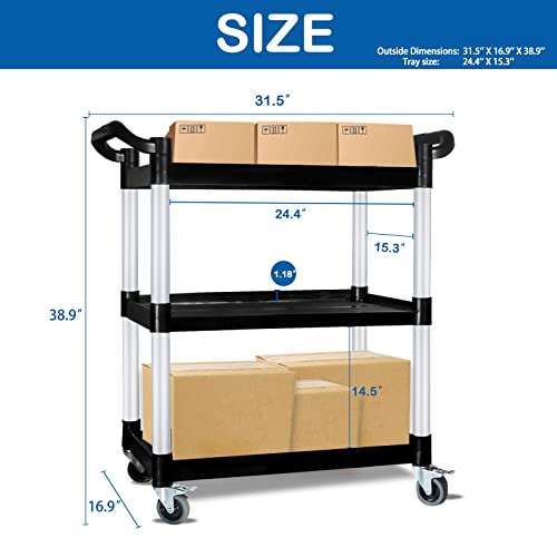 ANRYAGF Utility Carts with Wheels Rolling Cart Food Service Cart Commercial Office Warehouse Heavy Duty Cart 500 LBs Capacity, Lockable Wheels, Rubber Hammer, 31.5" X 16.9" X 38.9" Black