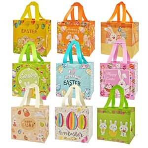 easter gift bags 9 piece, easter bags with handles, small easter egg hunt bags, reusable non-woven easter tote party bags, easter goodie bags decorated with rabbits, eggs