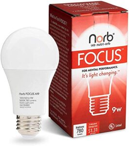 norbfocus desk lamp led light bulb. unique light spectrum for mental performance. supports learning, retention, recall, reading speed. for use as a reading light, study light, work light or task light