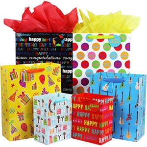 fzopo birthday gift bag assortment with ribbon handle, 12 pcs premium quality assorted sizes paper bags set, xl 13x17x6.5, large 12x15x4.8, medium 7x9x4.2 inches, 6 designs