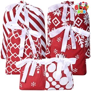 joyin 6 pcs red christmas fabric gift bags with 5 designs xmas cotton fabric drawstring bags for xmas decor, christmas goody bags, xmas party favors, storing christmas gifts parties
