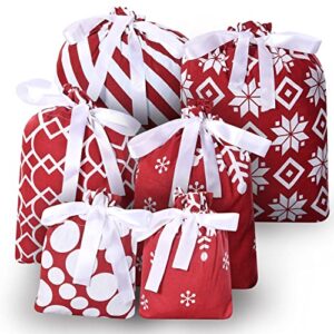 JOYIN 6 PCS Red Christmas Fabric Gift Bags with 5 Designs Xmas Cotton Fabric Drawstring Bags for Xmas Decor, Christmas Goody Bags, Xmas Party Favors, Storing Christmas Gifts Parties