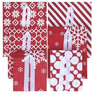 JOYIN 6 PCS Red Christmas Fabric Gift Bags with 5 Designs Xmas Cotton Fabric Drawstring Bags for Xmas Decor, Christmas Goody Bags, Xmas Party Favors, Storing Christmas Gifts Parties