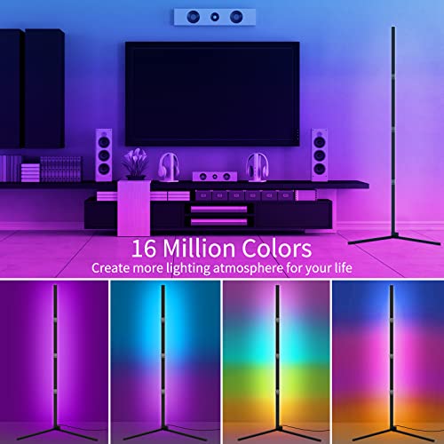 Miortior Corner Floor Lamp, RGB LED Floor Lamp with Smart App & Remote Control, Music Sync, 16 Million Color Changing Floor Lamp with 5V/2A Power Adapter for Living Room, Bedroom, Gaming Room