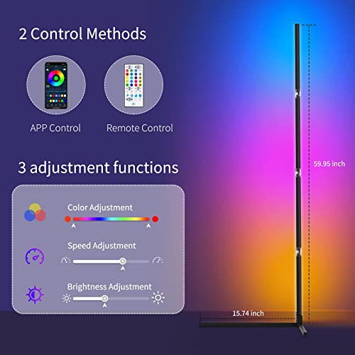 Miortior Corner Floor Lamp, RGB LED Floor Lamp with Smart App & Remote Control, Music Sync, 16 Million Color Changing Floor Lamp with 5V/2A Power Adapter for Living Room, Bedroom, Gaming Room