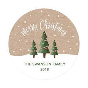 andaz press personalized christmas round circle gift sticker labels, christmas trees on kraft brown, merry christmas 40-pack, custom name year, stationery packaging envelope letter label
