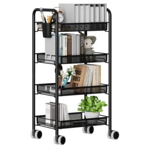 dmplus 4-tier metal rolling cart on wheels with baskets, easy carry and assemble multifunction utility cart with practical bucket and hooks, black mrc01b