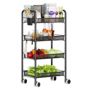 DMplus 4-Tier Metal Rolling Cart on Wheels with Baskets, Easy Carry and Assemble Multifunction Utility Cart with Practical Bucket and Hooks, Black MRC01B