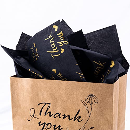 MR FIVE 30 Sheets Large Size Gold Thank You Tissue Paper Bulk,20" x 28",Thank You Tissue Paper for Packaging,Gift Bags,Gift Wrapping Tissue Paper for Graduation,Birthday,Party,Thanksgiving (Black)