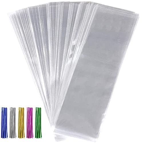 Tecbeauty 300pcs 3x11 Cellophane Bags Long Treat Bags Cello Goody Cookie Bags Clear with Colored Twist Ties for Gifts Party Favors