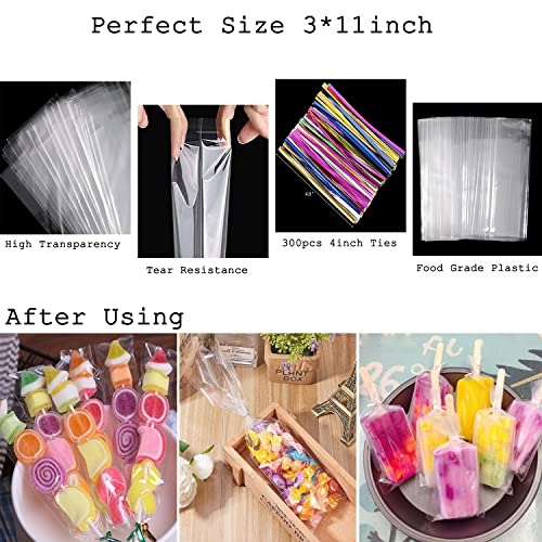 Tecbeauty 300pcs 3x11 Cellophane Bags Long Treat Bags Cello Goody Cookie Bags Clear with Colored Twist Ties for Gifts Party Favors