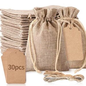 30pcs burlap gift bags and 30pcs gift tags, 3″x 4″ burlap bags with drawstring, wedding hessian linen sacks bag, jewelry pouches burlap bags, gift bags for birthday, party, present, wedding favors, art and diy craft