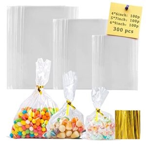 Labeol 300pcs Cellophane Bags 6X9 5X7 4X6 Cellophane Treat Bags with Ties Goodie Bags Clear Gift Bags Candy Bags Cookie Bags Party Favor Bags for Packaging Valentines