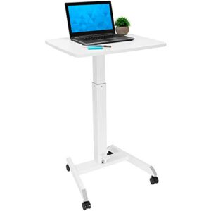 mount-it! adjustable rolling laptop desk with wheels [23.6″ x 20.5″] sit stand mobile workstation cart with pneumatic spring lift for height adjustment, rolling computer table, foot pedal (white)