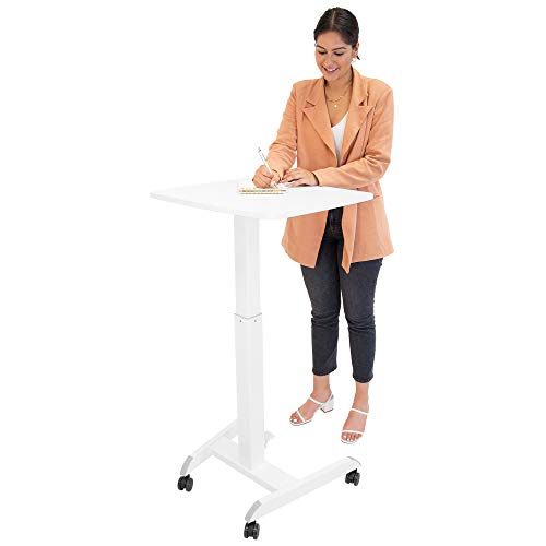 Mount-It! Adjustable Rolling Laptop Desk with Wheels [23.6" x 20.5"] Sit Stand Mobile Workstation Cart with Pneumatic Spring Lift for Height Adjustment, Rolling Computer Table, Foot Pedal (White)