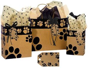 gift bags assorted sizes – 3 bags bundled with coordinating tissue paper tags and raffia ribbon (kraft paws)