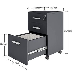 Lazio 26 Inch File Cabinet with Lock - Filing Cabinet for Home and Office - 3 Drawer File Cabinet with Wheels for A4 Sized Letters, Legal Sized Documents, Hanging File Folders - Black/Black