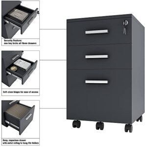 Lazio 26 Inch File Cabinet with Lock - Filing Cabinet for Home and Office - 3 Drawer File Cabinet with Wheels for A4 Sized Letters, Legal Sized Documents, Hanging File Folders - Black/Black