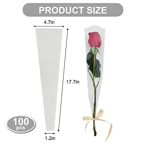 BEISHIDA 100 PCS Single Rose Sleeve Single Flower Wrapping Bags Single Rose Packaging Cellophane Flower Sleeves for Florist Bouquet Supplies Mother's Day Valentine's Day (White Clear Transparent)