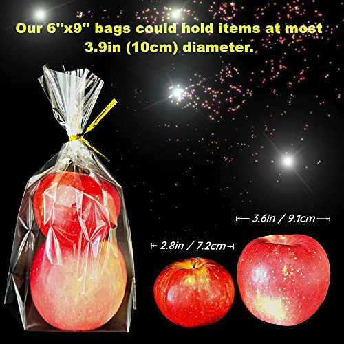 PigPotParty 6"x 9", 100Pcs Bottom Gusset Bags, Clear Plastic Cellophane Treat Goodie Bags with Twist Ties for Party Favor, Candy, Cookie, Popcorn, Dessert, Bakery, Small Gift Wrapping(No Side Gusset)