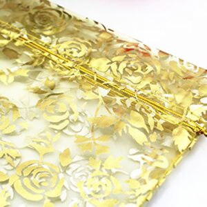 QIANHAILIZZ 100 Pack 7 x 9 Inch Drawstring Flower Heart Bags Organza Jewelry Gift Pouch Candy Pouch Drawstring Wedding Favor Bags (Gold Flower)