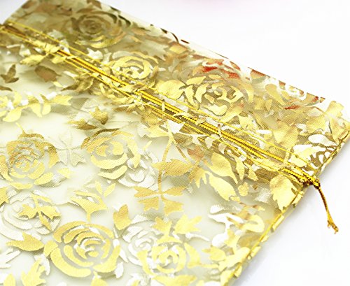 QIANHAILIZZ 100 Pack 7 x 9 Inch Drawstring Flower Heart Bags Organza Jewelry Gift Pouch Candy Pouch Drawstring Wedding Favor Bags (Gold Flower)